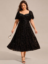 Plus Size A-Line Printed Velvet Short Sleeve Tea Length Wedding Guest Dress